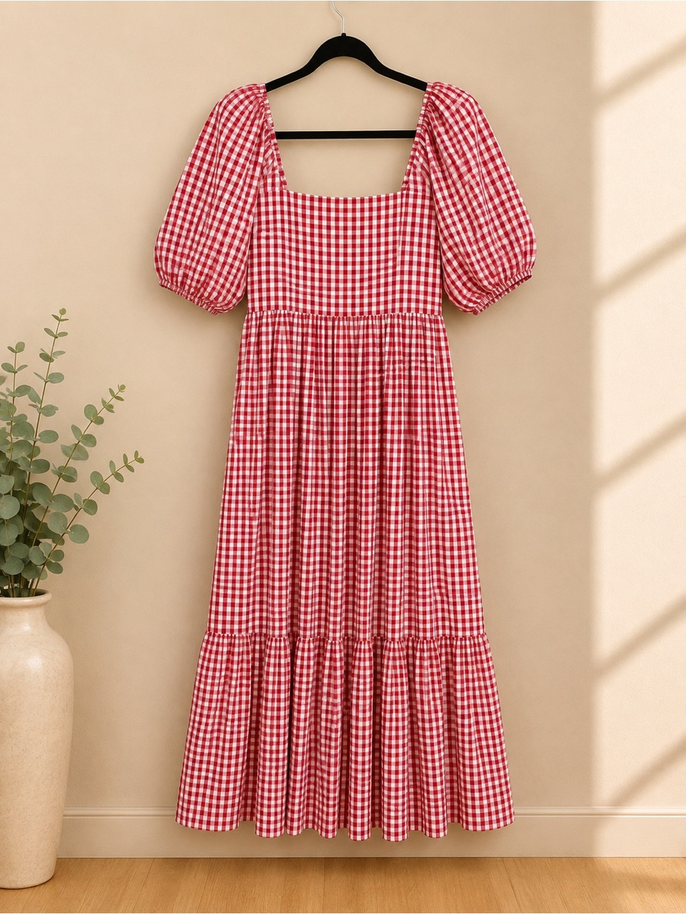 Red Gingham Puff-Sleeve Midi Dress - Women